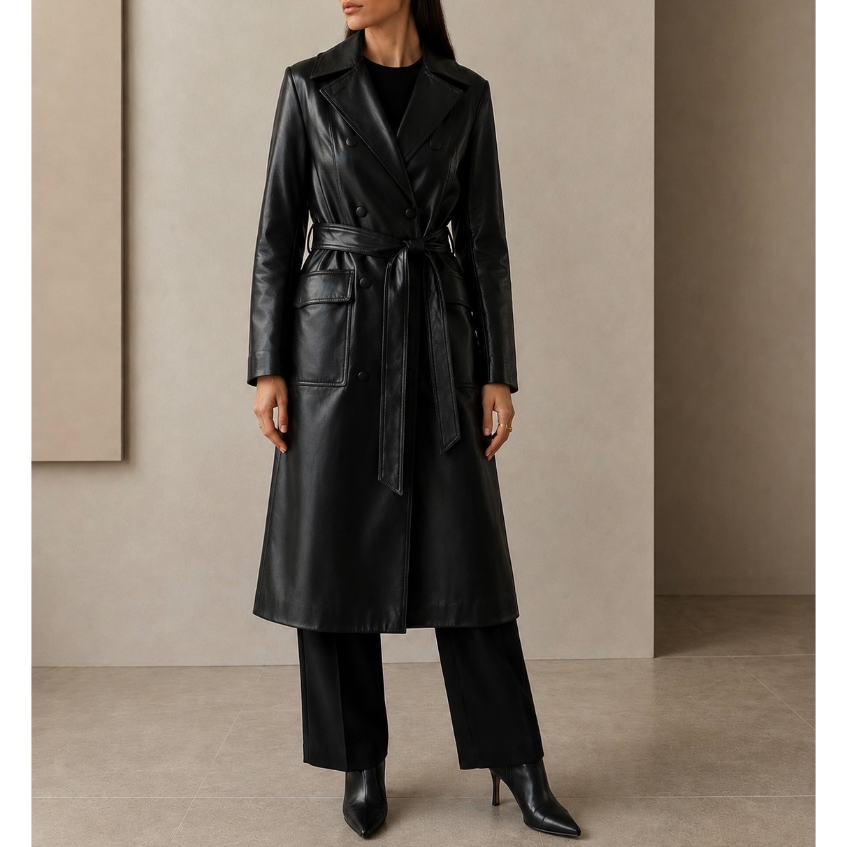 Zara Faux Leather Double Breasted Belted Trench Coat Nwot